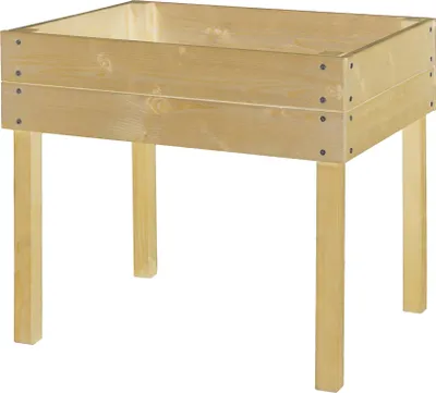 A wooden raised garden bed with four legs, shown against a white background.