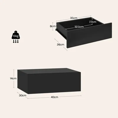 Image de Ensemble de 2 tables de chevet suspendues - Table de chevet à fixer au mur - Tiroir - Bois - 40 × 14 × 30 cm - Noir