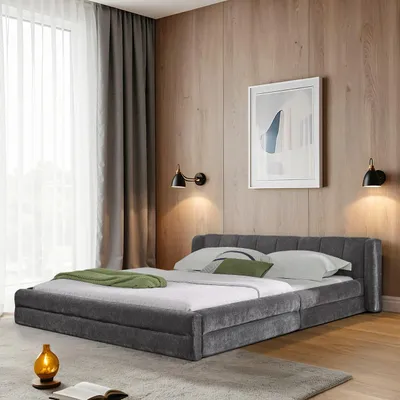 Produktbild von MODFU Kinderbett ohne Matratze 160x200 Jugendbett mit hautfreundlichem Chenillestoff und verstärktem Innengestell,Doppelbett mit Unterstützung,Dunkelgrau