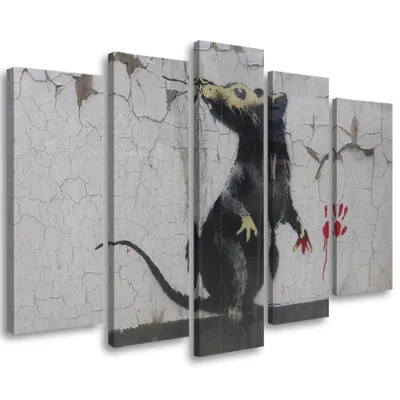 Produktbild von 5-teiliges leinwandbild banksy straßenkunst ratte 150x100 cm Feeby grau wandbild bereit zum aufhängen