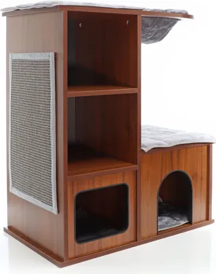 Immagine prodotto di Tiragraffi in legno Fudajo 80,5 cm con casetta per gatti, tiragraffi di design per gatti con 4 cuscini distesi, torre per gatti con cavità distesa, casetta per gatti con tappetino tiragraffi