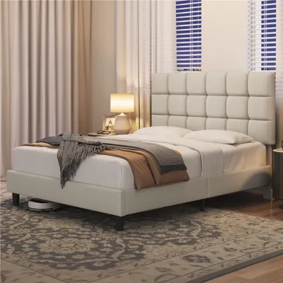 A bedroom scene with a bed, curtains, and a lamp.