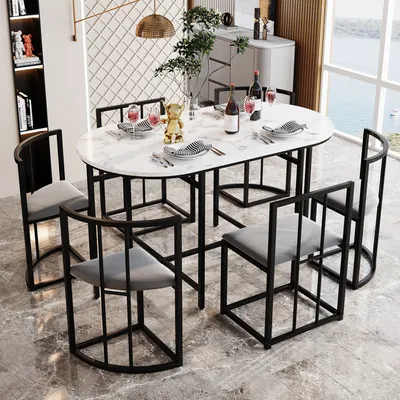 Image de okwish Ensemble table à manger 6 pièces : table + 4 petits tabourets + 2 grands tabourets, blanc et noir
