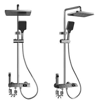 Imagen del producto de Juego de ducha de acero inoxidable para montaje en pared, con cabezal de ducha, termostato y control de presión, y luces LED