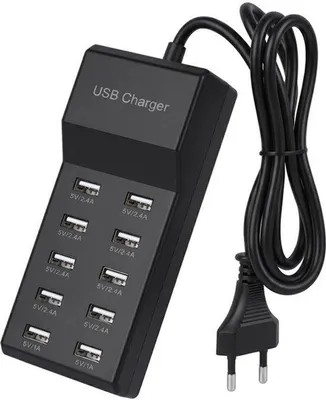 Productafbeelding van Multi-USB-oplader, 10 poorten, 50 W, USB-oplaadstation voor meerdere apparaten, USB-hub met netadapter, multi-USB-oplader voor iPhone, Samsung, Xiaomi, Huawei, tablet, zwart