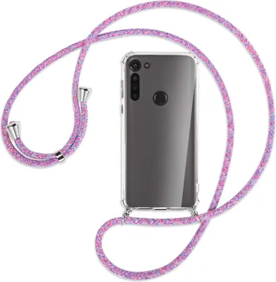 Produktbild von Handykette Backcover-Schutzhülle mit Band (Metall silberfarben) für Motorola Moto G8 - lila/rosa/blau
