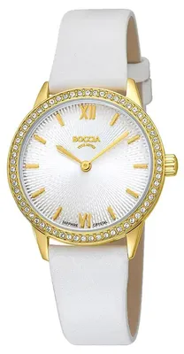 Produktbild von Boccia Damen Armbanduhr Trend 3382-02 Titan goldplattiert mit Glaskristallen und Lederband weiß