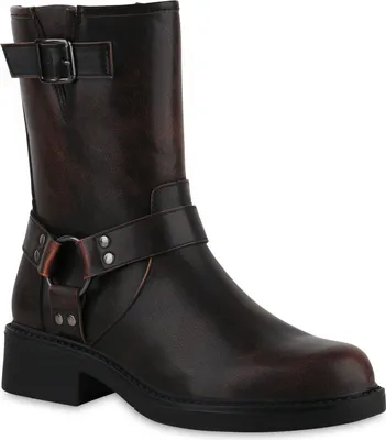 A single dark brown biker boot with buckles and straps, presented against a white background.