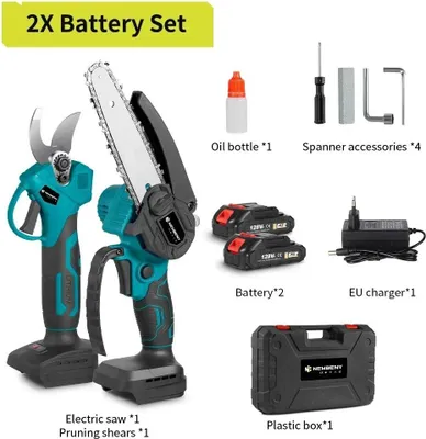 Immagine prodotto di Mini motosega e troncarami - Set 15,2 cm + 30 mm - 2 batterie - 18 V - Motore brushless - Senza fili - Spina UE - Arancione