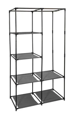 A freestanding wardrobe frame with shelves and a hanging rod, shown against a white background.