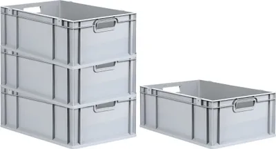 A stack of three grey plastic storage boxes and one separate grey plastic storage box, shown on a white background.