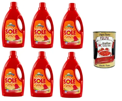 Produktbild von Sole Klassisches Waschmaschinenwaschmittel für empfindliche Kleidung mit Patchouliöl 6x 1lt+ Italian Gourmet Polpa di Pomodoro 400g