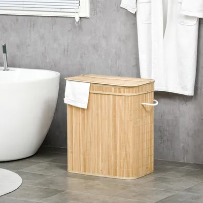 Produktbild von Wäschekorb Bambus faltbar mit Deckel, Wäschebehälter mit herausnehmbarem Innensack, 2 Fächer, Naturholz | 54,2 x 35,2 x 59,5 cm | 90 L | 2,3 kg