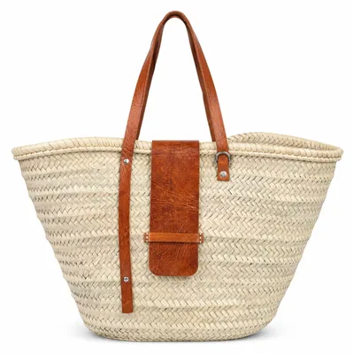 Zdjęcie produktu dla Torba koszykowa Birdie z liści palmowych i skóry, 55 x 35 x 15 cm, ręcznie pleciona torba plażowa z skórzanymi uchwytami, torba na zakupy w stylu boho, torba na targ z Maroka, duża torba na letnie wakacje i na co dzień