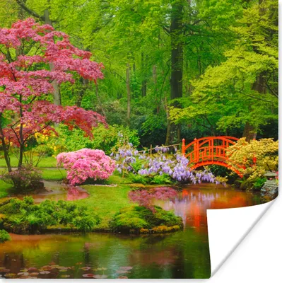 Produktbild von MuchoWow® Poster Brücke - Japanisch - Botanisch - Bäume - Blumen 100x100 cm - Babyzimmer