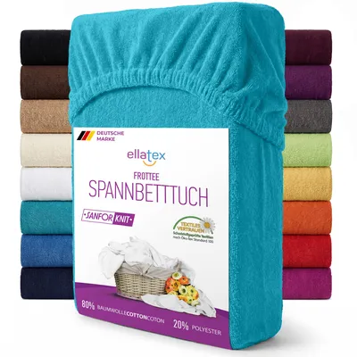 Produktbild von EllaTex Frottee Spannbettlaken 90x200 – 100x200 Baumwolle – weich, warm & elastisch, Spannbetttuch mit Rundumgummi, in Farbe: Türkis