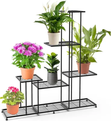 Immagine prodotto di Supporto per piante in metallo nero, con 5 ripiani, ideale per terrazza, giardino o soggiorno