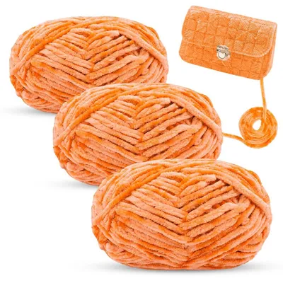 Productafbeelding van Chenille wol voor haken en breien, fluweelgaren, 3 bollen van 100 gram, oranje, 6 mm dik