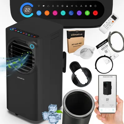 A collage of a portable air conditioner and its accessories, including a remote control, window seal kit, and a smartphone app interface.