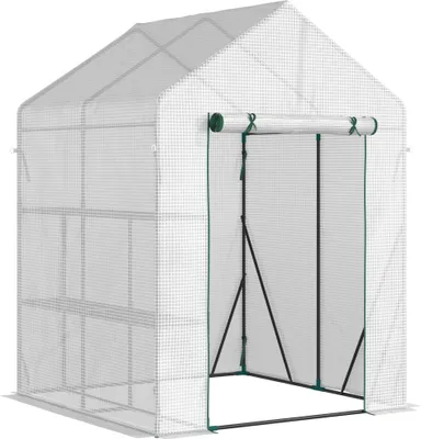 Image de Outsunny Serre de jardin PE avec étagères 2 niveaux, serre de balcon, bâche renforcée 140 g/m², châssis en acier, porte zippée enroulable, pour légumes plantes fleurs, 143x143x195cm, blanc