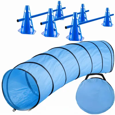 Produktbild von Agility Set für Hunde: 300cm Hundetunnel, 3 Slalom-Stangen, 6 Trainings-Hütchen – Ideales Outdoor Hundesport Zubehör
