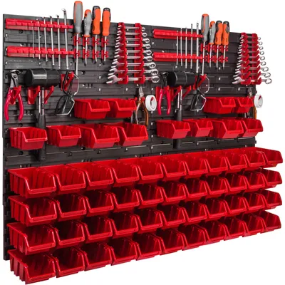 Image de Système de stockage Étagère murale 1152 x 780 mm Paroi à outils 56 pcs Bacs gerbables plastique