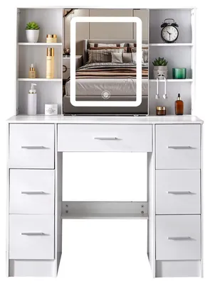 Image de Table de maquillage - Table de maquillage avec miroir éclairé de style Hollywood - 7 tiroirs - Avec espace de rangement - Sans tabouret - Blanche