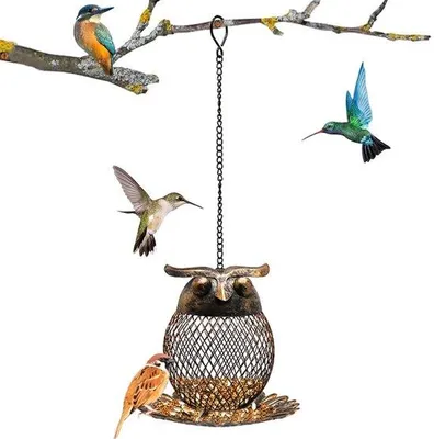Productafbeelding van Ibenzoa® vogelvoerstation in uilenontwerp, weerbestendig metaal, antiek-bronskleurig, met metalen haken, 15 x 15 x 15,5 cm, geschikt voor tuin en terras