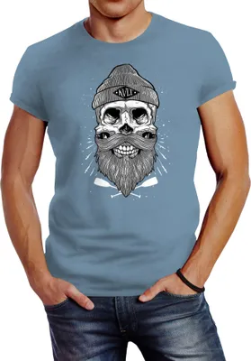 Produktbild von Herren T-Shirt Captain Skull Beard Totenkopf Bart Kapitän Slim Fit Neverless® stone blue XXL
