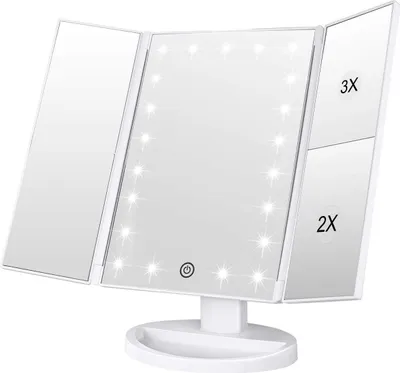 Produktbild von Schminkspiegel mit Beleuchtung, Faltbare Kosmetikspiegel mit 1X/2X/3X Vergrößerung, Schminkspiegel mit Touch Beleuchtung, Tischspiegel Unterstützung USB und Batterie (Weiß)