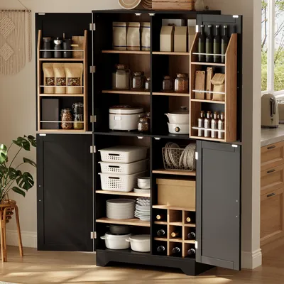 Produktbild von Flieks Küchenschrank mit 4 Scheunentor-Türen, hoher Stauraumschrank mit Weinregal und Türregal, Aufbewahrungsschrank 80x40x180cm, Schwarz