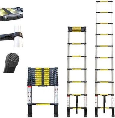 Obrázek produktu pro Teleskopická žebřík 2,9 m, hliníková - výsuvná do délky 3,8 m - protiskluzové nožičky - lehká, skládací - univerzální žebřík