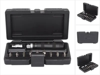 A black tool case with an impact screwdriver and bits inside, shown open and closed in multiple views.
