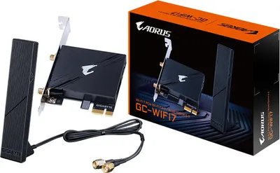 A Gigabyte GC-WIFI7 network card and its packaging are displayed on a white background.