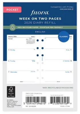 Obrázok produktu pre Vložka do diára FILOFAX 2026 – Pocket – 1 týždeň = 2 strany – Classic Refill English