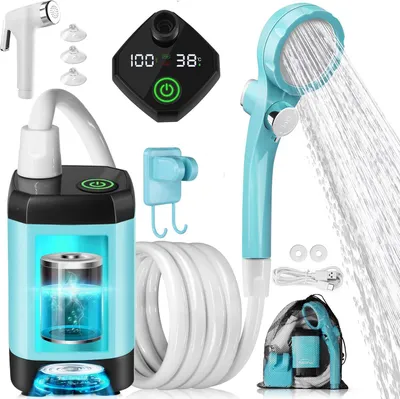 Produktbild von Tragbare Campingdusche,[6000 mAh] ,Pump- und Temperaturanzeige,mit Duschkopf und 2 m Schlauch für Garten, Waschen des Autos, Strand, Camping, Haustier