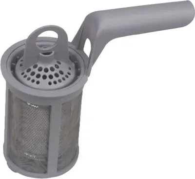 A gray dishwasher filter with a handle, shown against a white background.