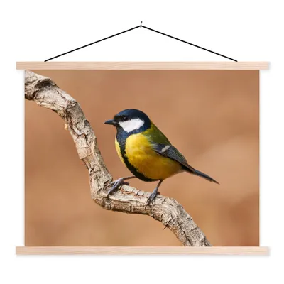 Produktbild von MuchoWow® Textilposter Vogel - Kohlmeise - Zweige 120x90 cm mit holzfarbenen Rahmen - Magnetisch