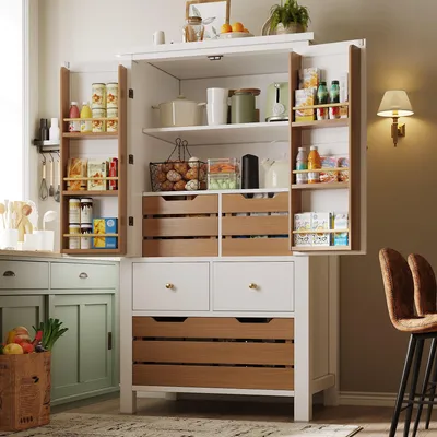 Image de Armoire de cuisine Flieks à deux portes et cinq tiroirs, buffet haut, meuble à snacks 80 x 40 x 140 cm, blanc