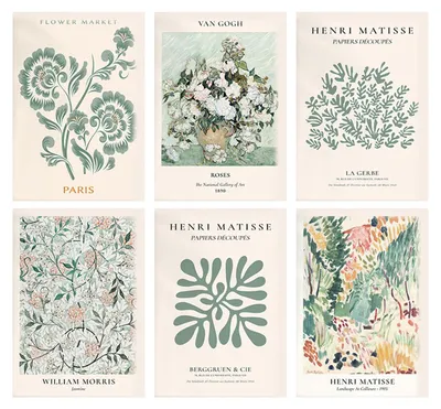 6er Set Vintage Blumenmarkt Poster, Canvas, 20x25 cm