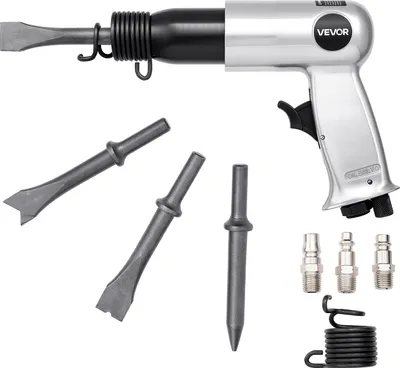 Image de Marteau burineur pneumatique VEVOR, 3500 BPM Marteau pneumatique avec course de 70mm & 4 burins à queue ronde, burin pneumatique compact avec poignée pistolet, outil à palettes pour couper, poinçonner, gratter