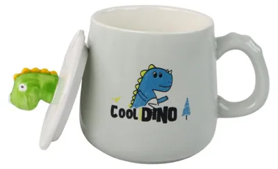 Produktbild von Leantoys Dinosaurierblaue Keramiktasse, Deckel, Löffel, 350 ml