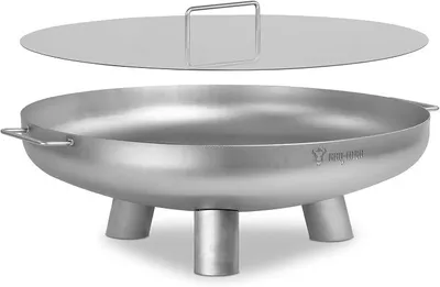Imagen del producto de Hoguera de acero inoxidable, diámetro 70 cm, con tapa | Plateado | Estufa para exteriores con tres patas y dos asas, ideal para el jardín. También conocida como: brasero, estufa de jardín, recipiente para fuego