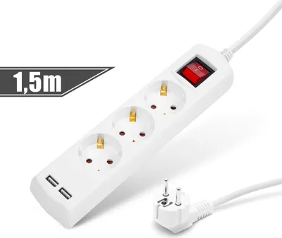 Produktbild von 3-fach Steckdosenleiste – mit 2x USB (2,1 A) und Schalter – Kindersicherung – 1,5 m – 250 V - 16 A – Weiß [20221U]