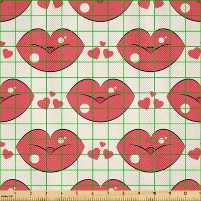 Produktbild von ABAKUHAUS küssen Satin Stoff als Meterware, Liebe Themed Zahlreiche kontinuierliche Demonstration von Lippen- und Herz-Motiven, 10 M (148 x 1000 cm), Dunkle Koralle und Champagne
