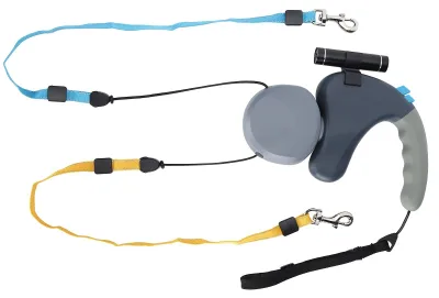 Einziehbare Doppelhunde-Leine mit LED, 9,8 m, grau
