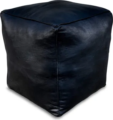A black leather pouf is shown from a slightly angled front view on a white background.