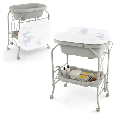 Produktbild von Klappbarer Wickeltisch mit Badewanne, tragbare Wickelkommode mit Wickelauflage, mobile Wickelstation mit Universalrädern für Babys von 0-12 Monaten, bis 35 kg belastbar (Hellgrau)