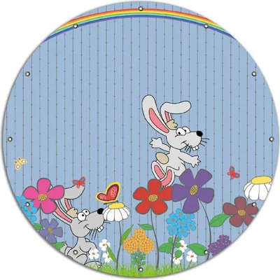 Produktbild von Wallario rundes Outdoor-Poster für Garten oder Balkon, Motiv Süße Hasen unter einem Regenbogen, 120 cm Durchmesser