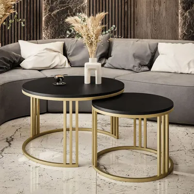 Produktbild von Runder Couchtisch 2in1 LORI matt schwarz mit goldenem Gestell